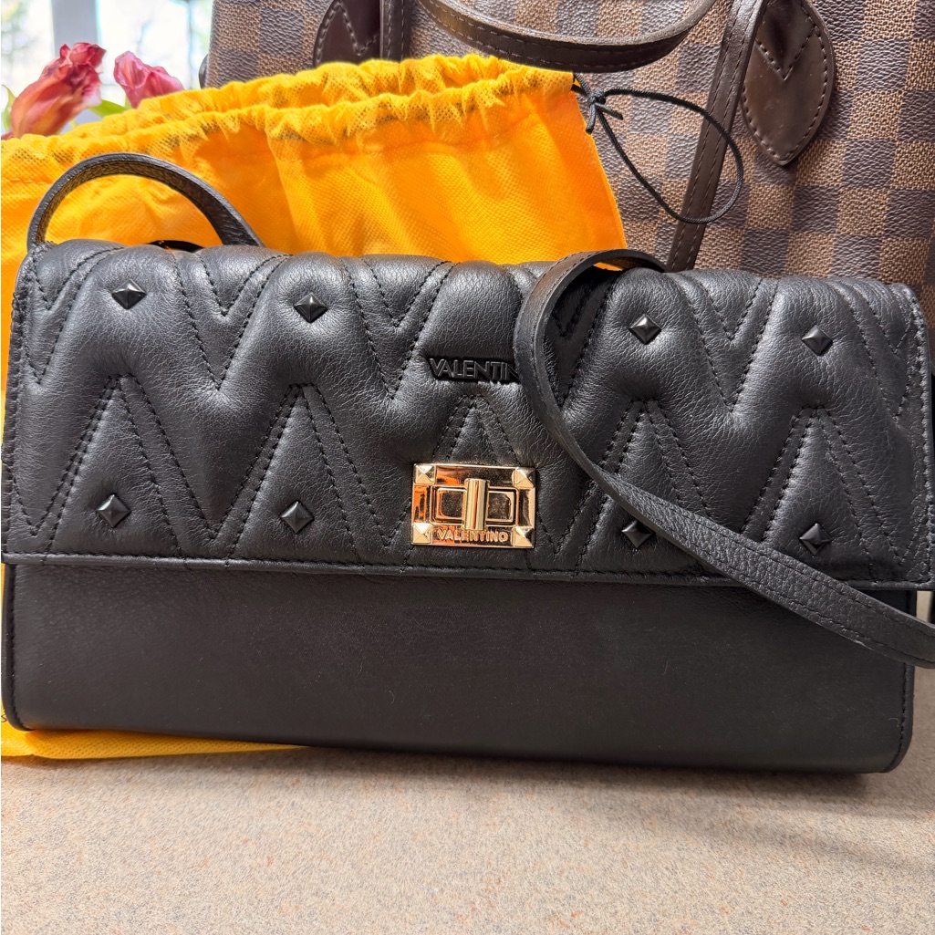 Valentino Black Quilted Studded Leather Crossbody With Gold Hardware